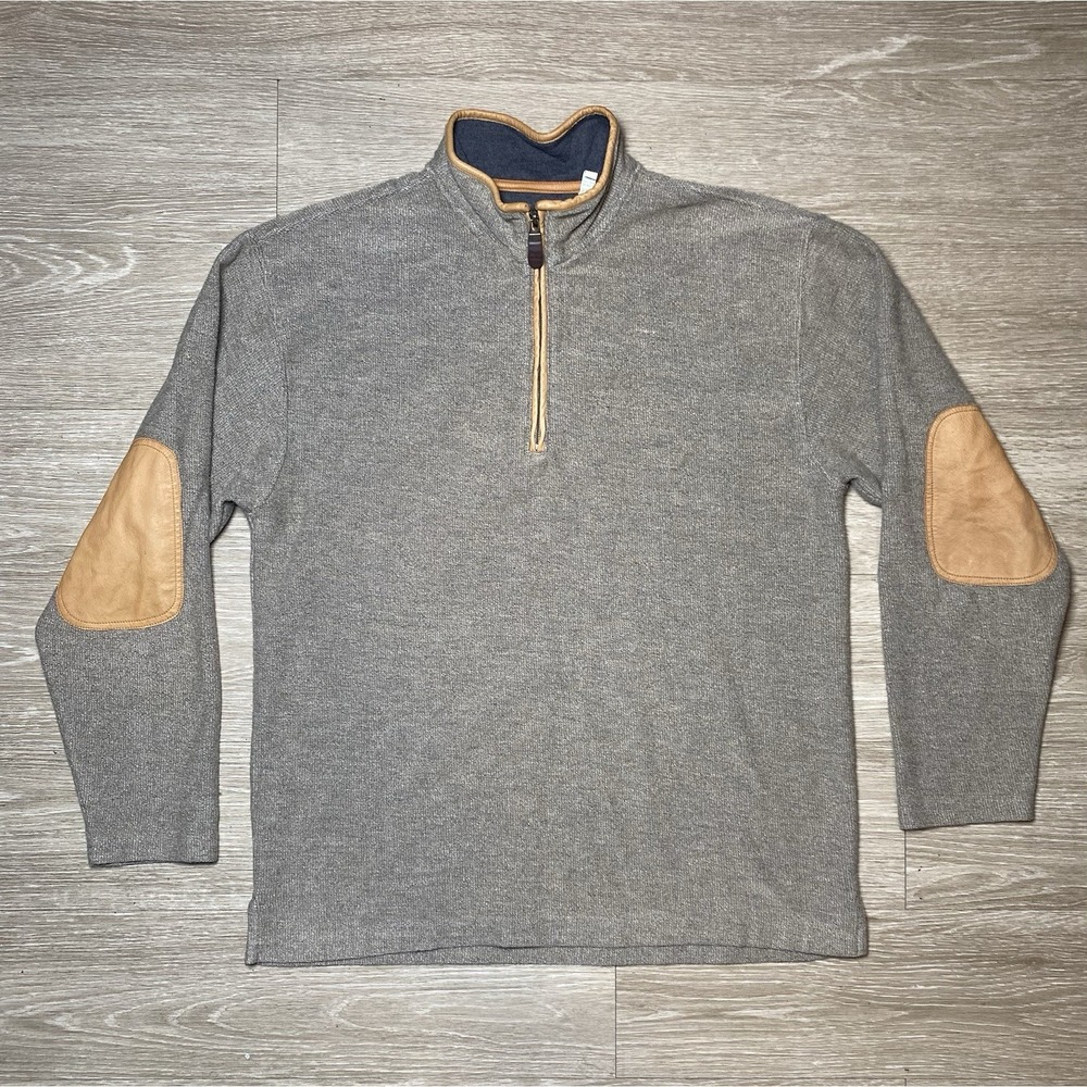 Men's MEDIUM Orvis Simoom Tweed Quarter-Zip Sweatshirt Leather Elbow & Trim‎ Tan